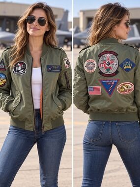 Love + Harmony MA-1 Bomber Jacket M Olive Green Top Gun Military Patch Flight